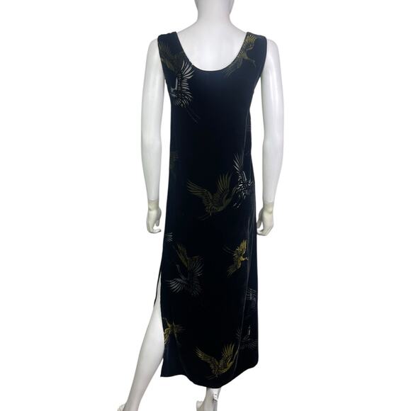 Anne Namba Women's S Black Silk Velvet Asian Cranes Sleeveless Maxi Dress EUC - Picture 2 of 3